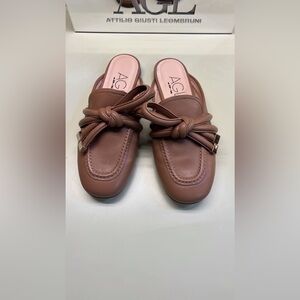 AGL Brown Leather Mule Flats with Knot Detail | Quiet Luxury Designer | NWT